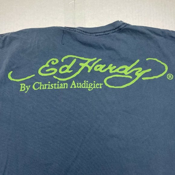 Vintage Y2K Ed Hardy T Shirt All Over Print Blue Green Size L - Picture 6 of 9